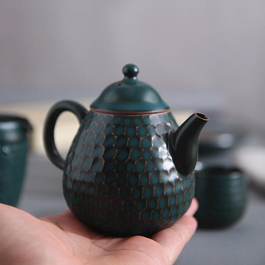 「手工陶艺茶具」手工锤纹孔雀绿茶壶 锤纹公道杯 锤纹品茗杯 商品图1