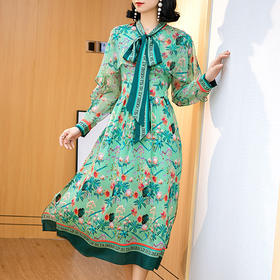 NYT-K012春季新款女飘带气质荷叶袖拼接长款桑蚕丝印花真丝连衣裙