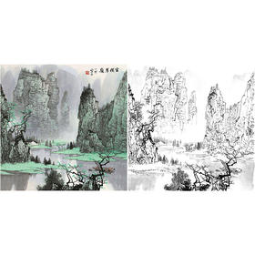 工笔画白描底稿-白雪石斗方山水-小品册页-BX38