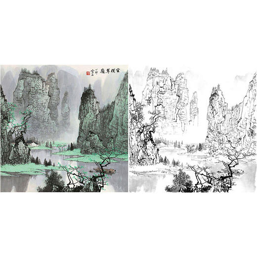 工笔画白描底稿-白雪石斗方山水-小品册页-BX38 商品图0