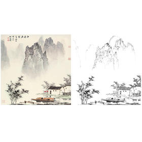 工笔画白描底稿-白雪石斗方山水-小品册页-BX26