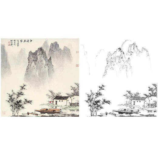 工笔画白描底稿-白雪石斗方山水-小品册页-BX26 商品图0