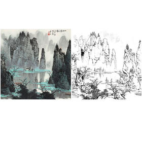 工笔画白描底稿-白雪石斗方山水-小品册页-BX29