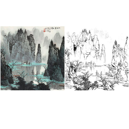 工笔画白描底稿-白雪石斗方山水-小品册页-BX29 商品图0