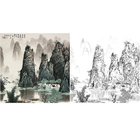 工笔画白描底稿-白雪石斗方山水-小品册页-BX33
