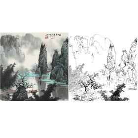 工笔画白描底稿-白雪石斗方山水-小品册页-BX30