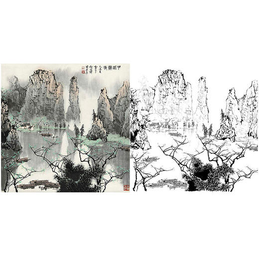 工笔画白描底稿-白雪石斗方山水-小品册页-BX24 商品图0