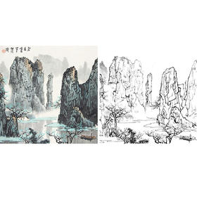 工笔画白描底稿-白雪石斗方山水-小品册页-BX32