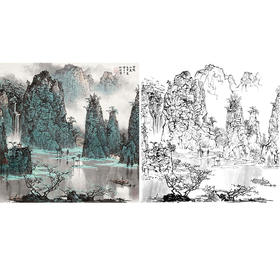 工笔画白描底稿-白雪石斗方山水-小品册页-BX36