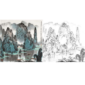 工笔画白描底稿-白雪石斗方山水-小品册页-BX39
