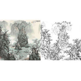 工笔画白描底稿-白雪石斗方山水-小品册页-BX27