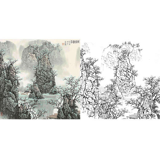 工笔画白描底稿-白雪石斗方山水-小品册页-BX27 商品图0