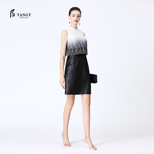 TANGY Collection天意莨绸拼接刺绣吊染小礼服裙 商品图0