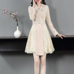 DES-2au0404春装新款西服领双排扣拼接长袖OL通勤风衣连衣裙
