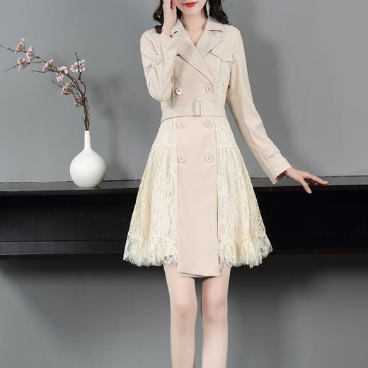DES-2au0404春装新款西服领双排扣拼接长袖OL通勤风衣连衣裙 商品图0