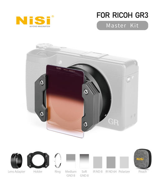 NiSi滤镜系统 For 理光GR3 ①GR3专用接筒可安装49mm的滤镜，赠送银色装饰环 ②前支架可装两片方镜 ③支架套装 商品图6