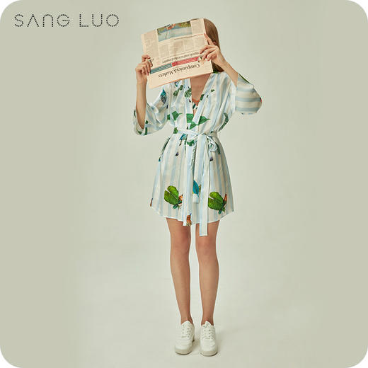 睡袍小鸟印花系带晨袍SANGLUO桑罗和服领桑蚕丝睡衣女家居服 商品图1