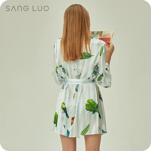 睡袍小鸟印花系带晨袍SANGLUO桑罗和服领桑蚕丝睡衣女家居服 商品图2