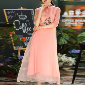 KDS-1138春夏新款立领宽松禅意茶服A字绣花连衣裙