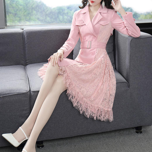 DES-2au0404春装新款西服领双排扣拼接长袖OL通勤风衣连 商品图2