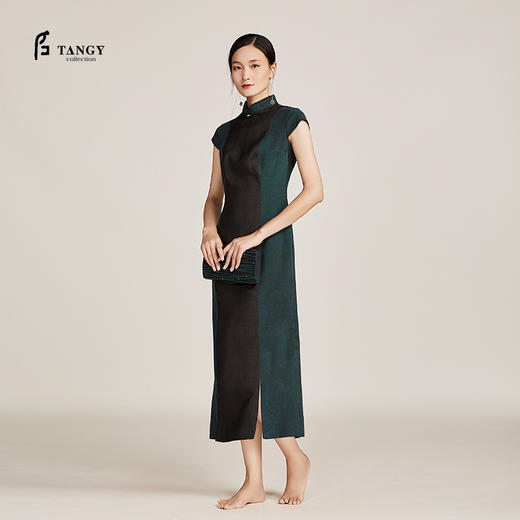 TANGY Collection天意莨绸编织领印花拼接旗袍 商品图0