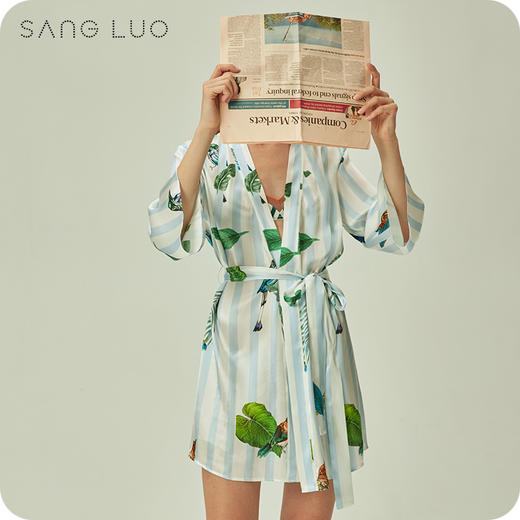 睡袍小鸟印花系带晨袍SANGLUO桑罗和服领桑蚕丝睡衣女家居服 商品图0