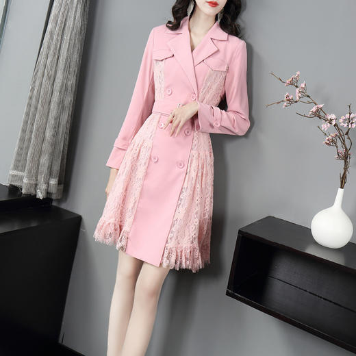 DES-2au0404春装新款西服领双排扣拼接长袖OL通勤风衣连 商品图1