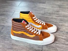 Vans不对称条纹拼接包头硫化板鞋 棕黄 蓝白推出全新 Style 138 ComfyCush LX Sk8半月形包胶头采用帆布和麂皮材质不对称