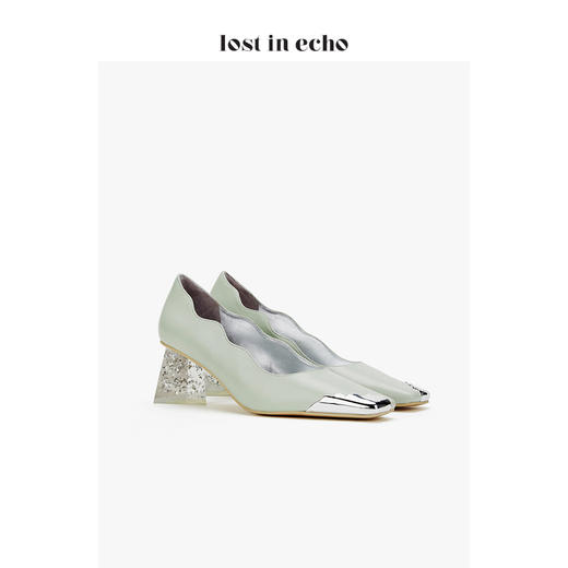 设计师 lost in echo 不规则铁头波浪浅口单鞋 薄荷绿通勤水晶跟 商品图1