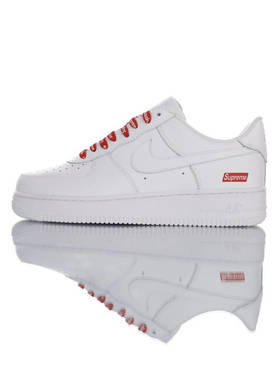 Supreme x Nike Air Force 1 Low耐克 志高联乘 硬质头层荔枝纹皮革鞋面 内置全掌AirSole气垫 空军一号 皮革黑红LOGO配色
