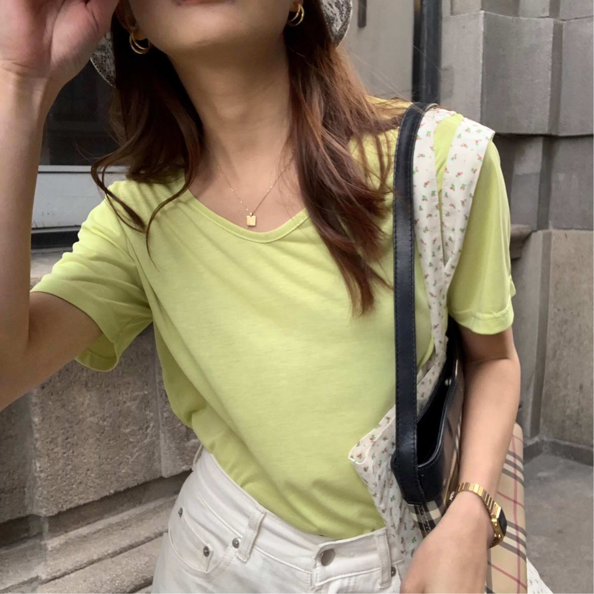 【夏天专属彩色t】显瘦鹅蛋领v领短袖莫代尔垂感弹力t恤