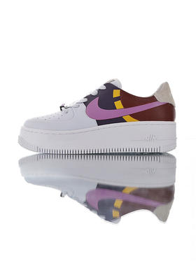 耐克Nike WMNS Air Force 1 Sage Low LX厚底松糕改版空军一号女神板鞋 皮革拼接灰深紫酒红粉 拼接米白浅兰深蓝月