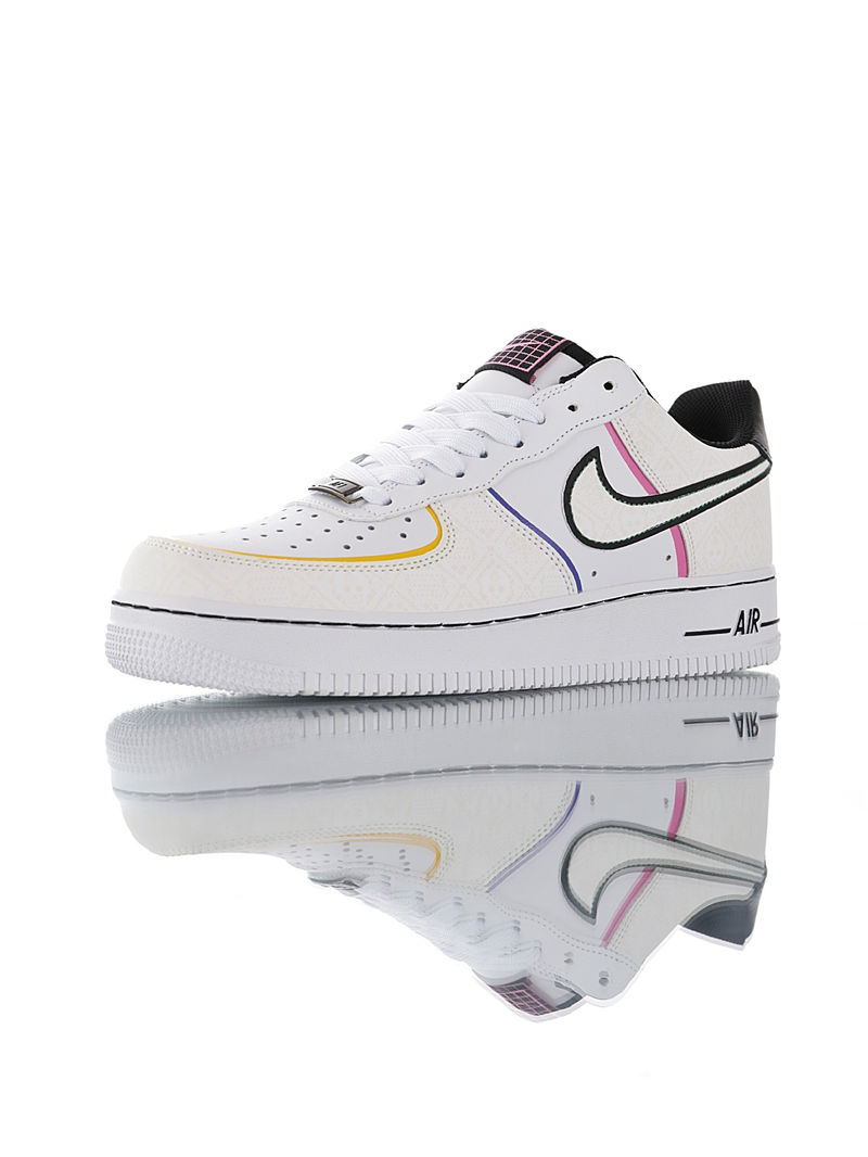 耐克Nike Air Force 1 07 LV8 亡灵节专属 原模具开发打造 特殊印花反光革纹理鞋面 内置全掌air sole气垫 空军一号运动板鞋 白黑粉紫黄边3M骷髅