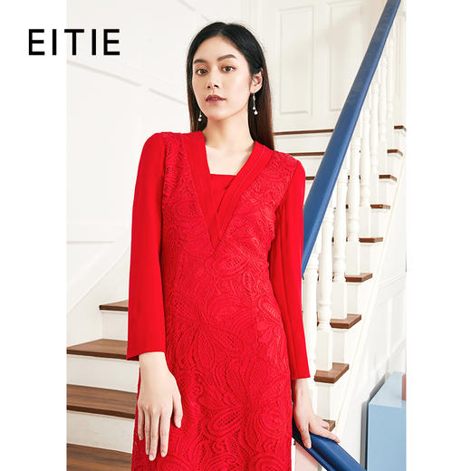 EITIE爱特爱秋季连衣裙女优雅V领蕾丝钩花中长款女士裙子5407122 商品图0