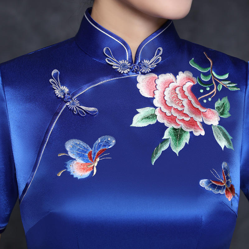 jq xz20-2【手推绣】手工醋酸缎旗袍蝴蝶绣花