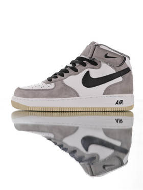 耐克Nike Air Force 1 Mid '07 原模具开发打造 台产丝光猪巴革 移膜皮革材质鞋面 空军一号经典高帮百搭休闲运动板鞋 皮革白灰拼接