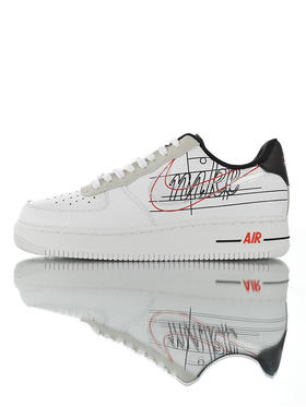 耐克Nike Air Force 1 '07"Script Swoosh" 原模具开发打造 硬质头层牛皮革 内置全掌air sole气垫 空军一号运动板鞋 白灰素描黑红配色
