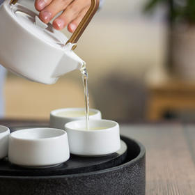 「镜花水月」高档茶具套装 陶瓷茶杯 乌金石茶盘 四合一套装