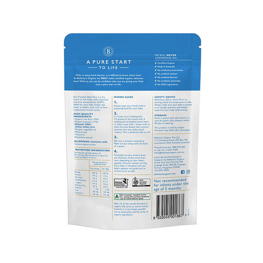 Bellamys 婴幼儿有机高铁南瓜益生元米糊 125g 5M+｜澳洲直邮 商品图1
