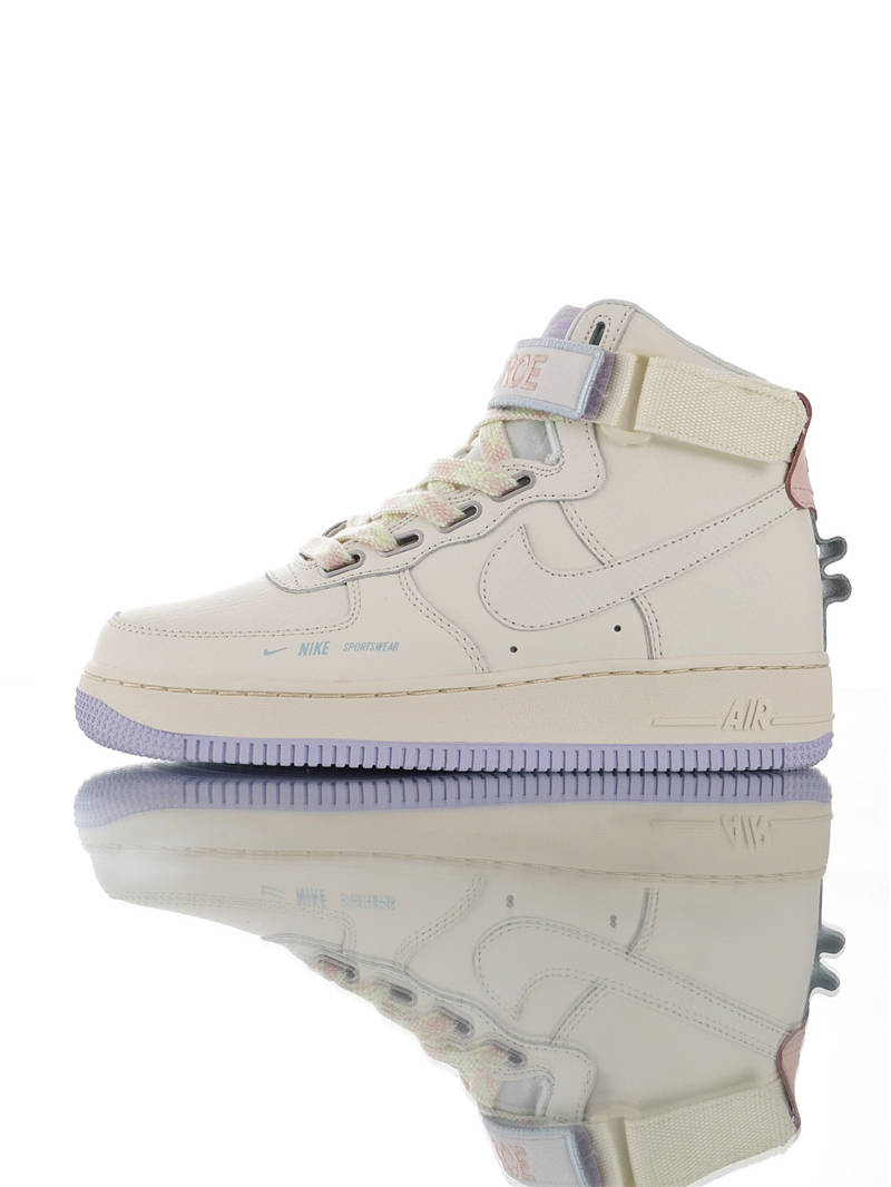 耐克Nike Wmns Air Force 1 High UT 替换LOGO魔术贴 原模具开发打造 硬质头层荔枝纹皮革 内置全掌air sole气垫 皮革乳白浅紫