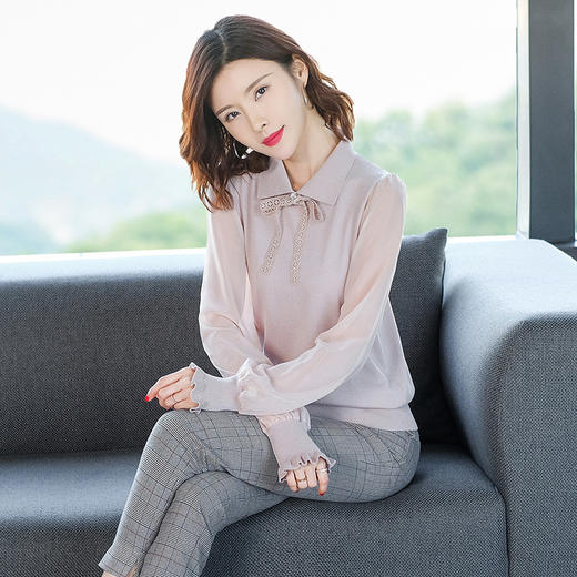 JS-101-2072春款淑女风系带翻领针织衫 商品图0