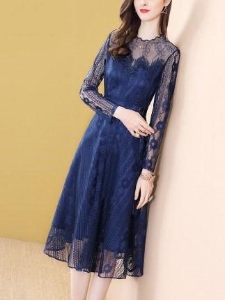 藏蓝色刺绣网纱蕾丝连衣裙女春季中长款2020新款显瘦OLN9719 商品图0