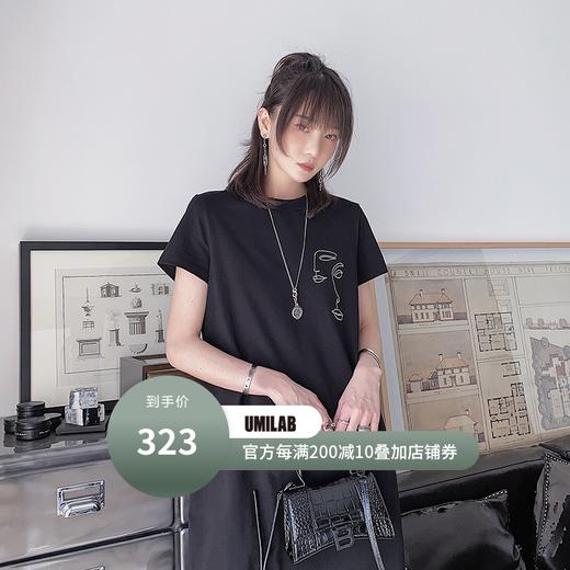 颜仟/原创抽象简笔印花刺绣宽松圆领T恤裙女春夏黑色简约连衣裙子 商品图0