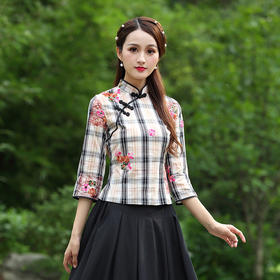 JT-810春夏刺绣中式学院风七分袖茶服唐装短旗袍上衣