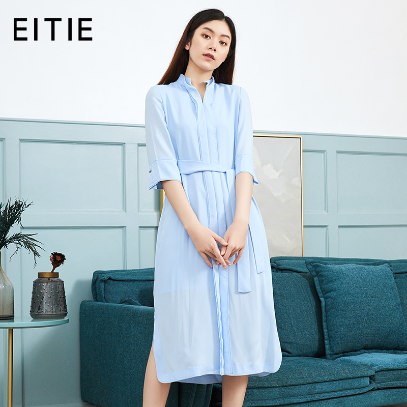 EITIE爱特爱女装夏季新款蝴蝶结系带开衩时尚轻盈连衣裙57074103