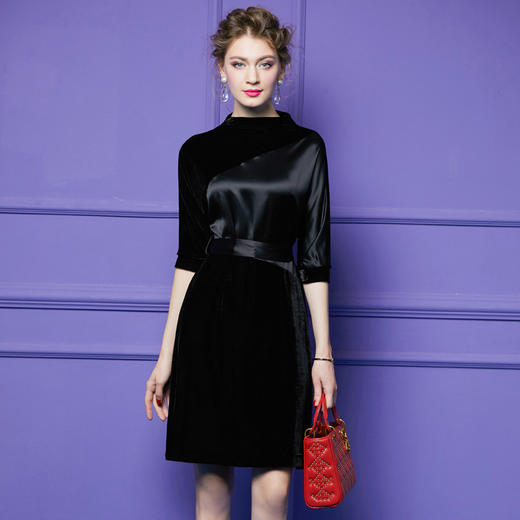 HXYY-90094气质丝绒拼接系腰带修身一步裙 商品图0