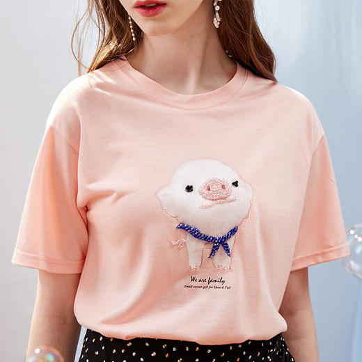 欧芮儿新款女装夏装百搭猪猪图案短袖t恤女宽松上衣女印花 商品图2
