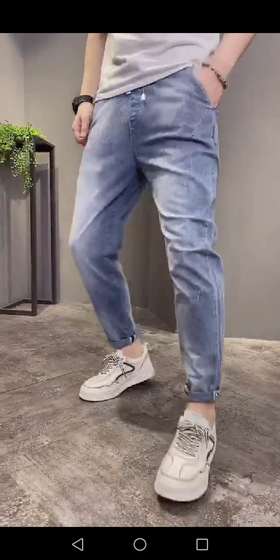 夏季男士纯色潮流牛仔裤弹力修身哈伦束脚裤