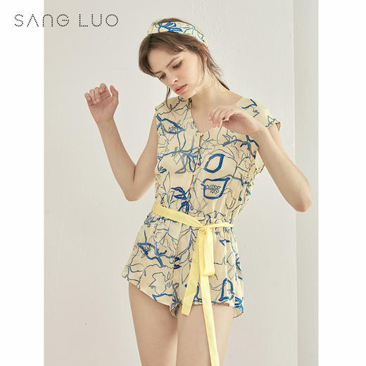 睡衣摩登印花连体裤SANGLUO桑罗秋冬休闲桑蚕丝睡衣家居服女 商品图1