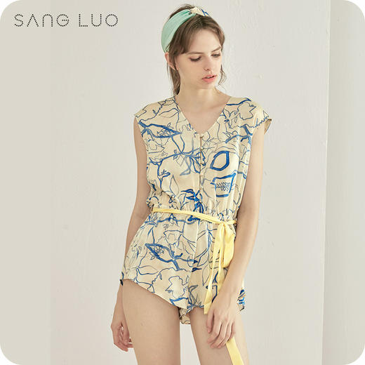睡衣摩登印花连体裤SANGLUO桑罗秋冬休闲桑蚕丝睡衣家居服女 商品图0